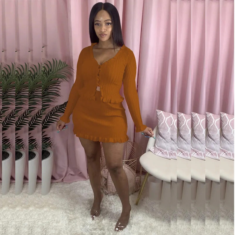

CN975 Ladies Suit Fashion Solid Color Slim Knit Cardigan Top Mini Skirt 2 Two-Piece Casual Home Service Suit Skirt Women