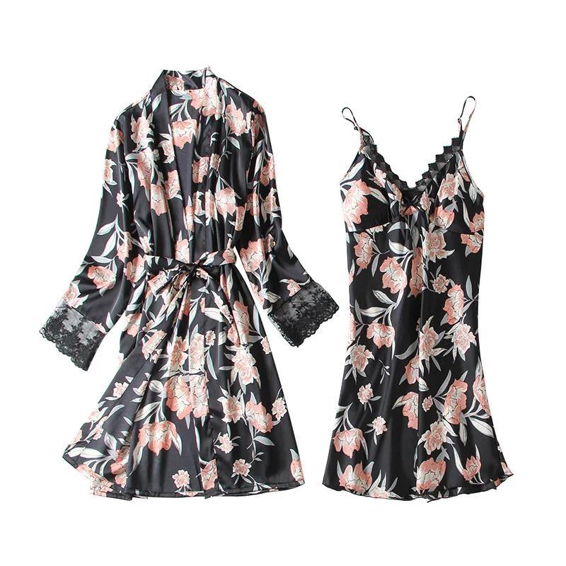 

Women Satin Print Flower Nighty&Robe Set Summer Thin Silky 2PCS Sleepwear Nightgown Sexy Black V-neck Lace Trim Robe Kimono Gown