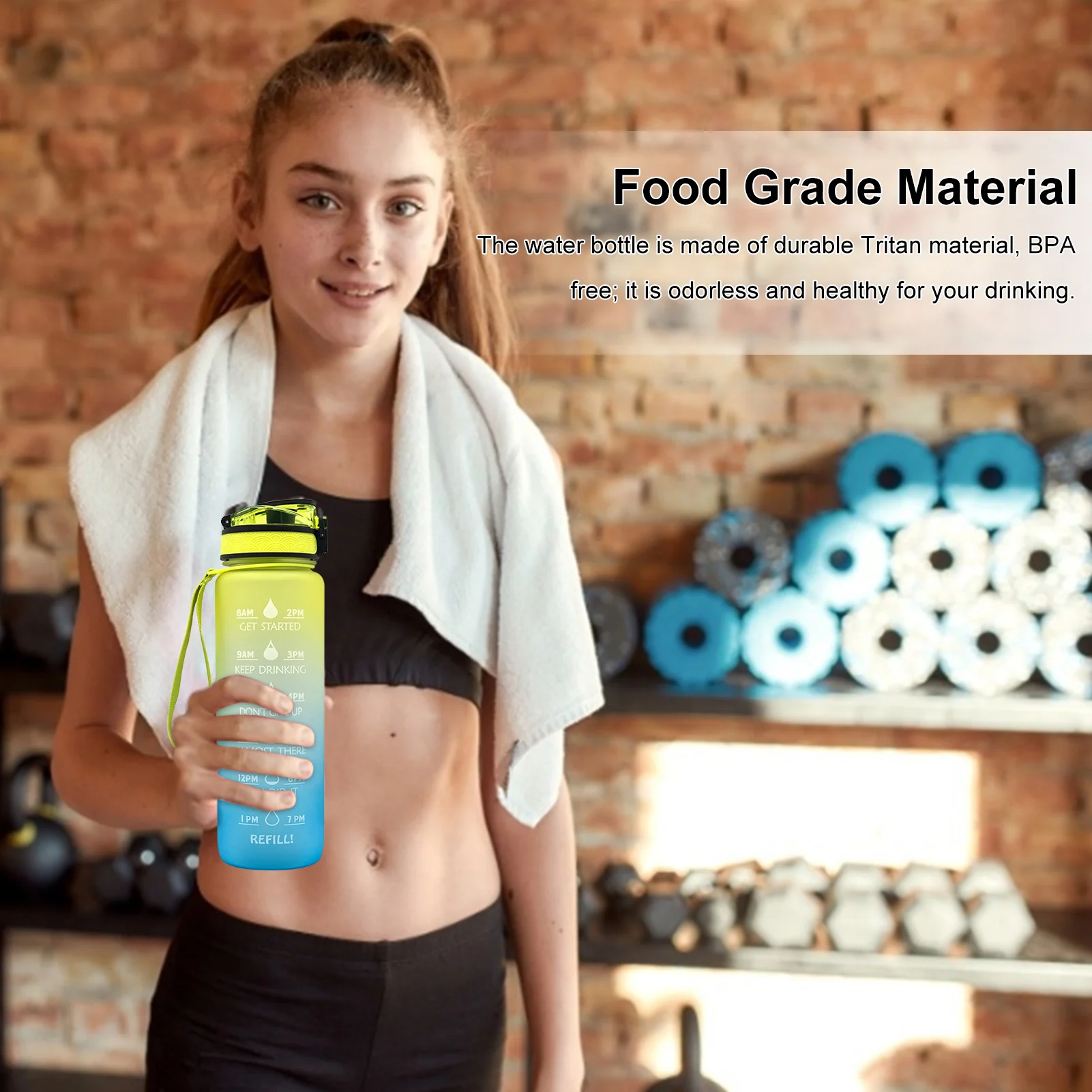 

1L Water Bottle With Time Marker Scale Reminder Frosted Leakproof Water Jug Cup For Fitness Gym Outdoor Sport With Bounce Cover