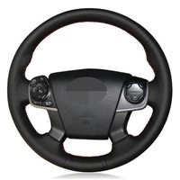 car steering wheel cover diy hand stitched black genuine leather for toyota camry 2012 2013 2014