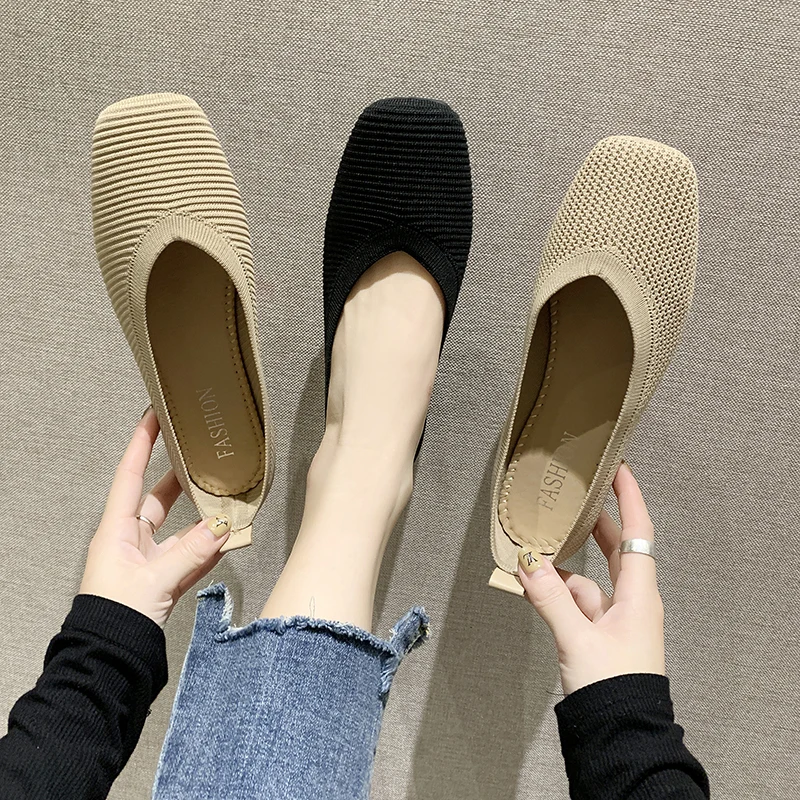 

Square Toe Grandma Shoes Casual Female Sneakers Shallow Mouth Knitting Flats Soft Women's Moccasins Ladies' Footwear Summer Boat