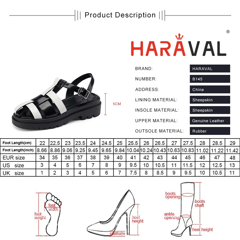 

HARAVAL Women Sandals Shoes Genuine Leather Casual Waterproof Platform Low Heels Basic Round Toe Buckle Strap Patchwork B145