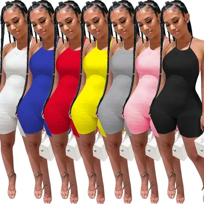 

2022 Summer Women's sexy ribbed backless jumpsuits multi-color bodysuit