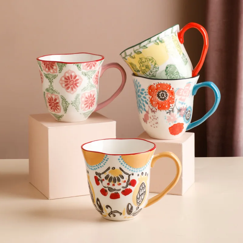 

Pastoral Style Lovely Flowers Hand Painted Ins Retro Coffee Breakfast Cup Cereal Mug Ceramic Cup Milk Cup Black Tea Cup Gift