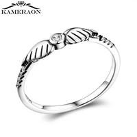 authentic 925 sterling silver fine shiny zirconia retro angel wings stackable ring for women wedding party fine jewelry gift