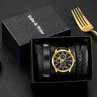 exquisite christmas gifts for father husband mens golden quartz watch leather strap male black bracelets best gift set with box