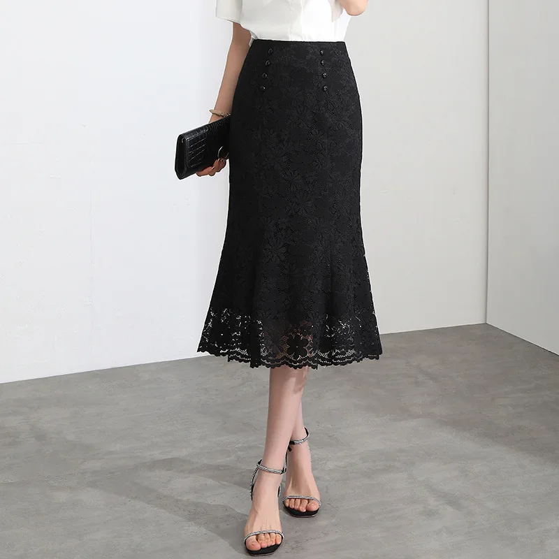 

Korean Style High Waisted Black Lace Fishtail Skirts for Women Summer Elegant Vintage Slim Casual Mid-long Bodycon Skirt 2125