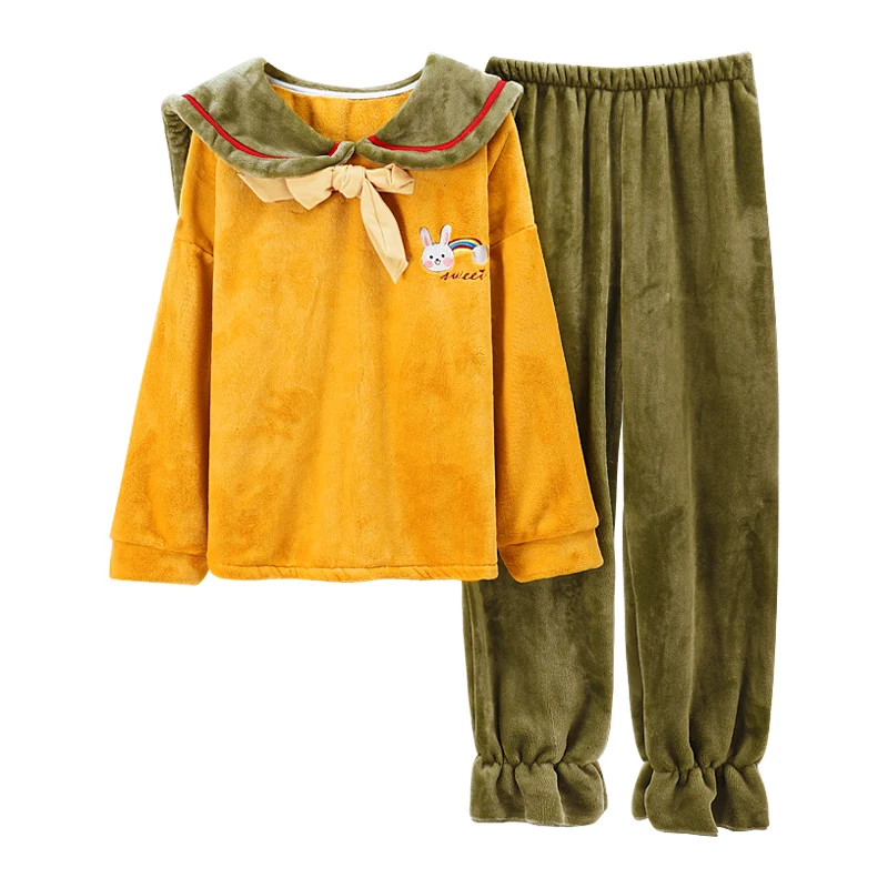 

Winter Pajamas Col Claudine Pajama Set Inspissate Loose Version Coral Fleece Nightgown Women Sleepwear Plus Size XXL Pullover