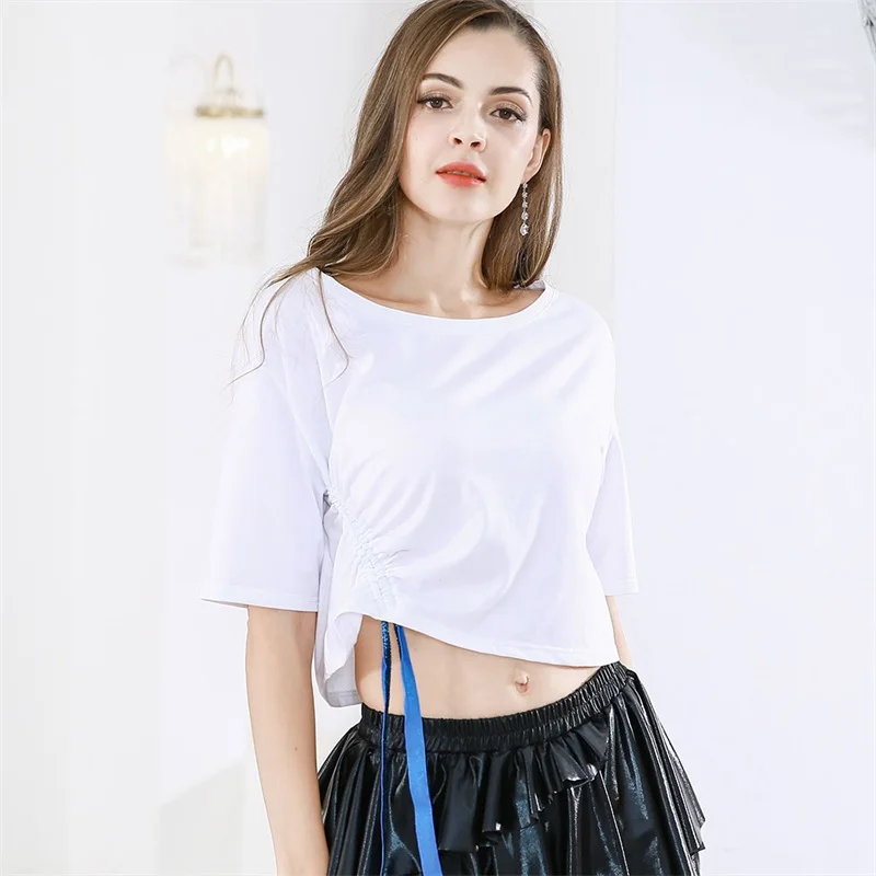

Casual Drawstring Top Women Shirt White Tunic Punk Crop Top Sexy O-neck Shirt Korean Fashion Streetwear Girls Cotton T-shirt