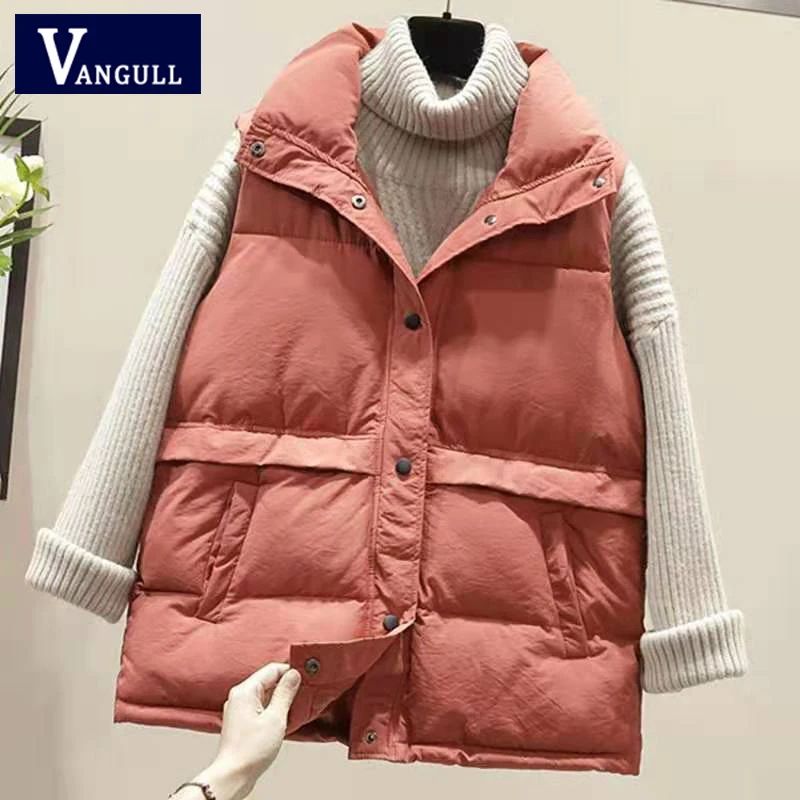 

Vangull Women Sleeveless Vest Winter Warm Plus Size Down Cotton Padded Jacket Female Vests Mandarin Collar Sleeveless Waistcoat