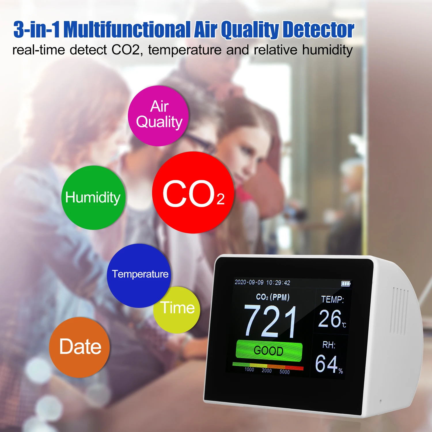 

Настольный CO2/RH/Temp. Многофункциональный детектор качества воздуха 3-в-1, измеритель температуры и влажности воздуха в помещении и на улице, те...
