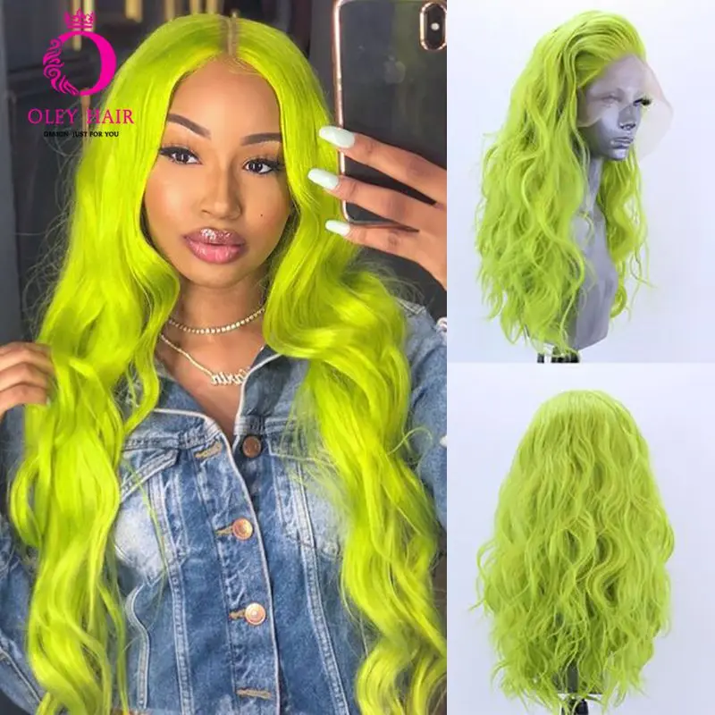 Light Green Synthetic Lace Front Wig Heat Rersistant Grey Deep Wave Blue Orange Cosplay Omber Wigs For Black Women OLEY