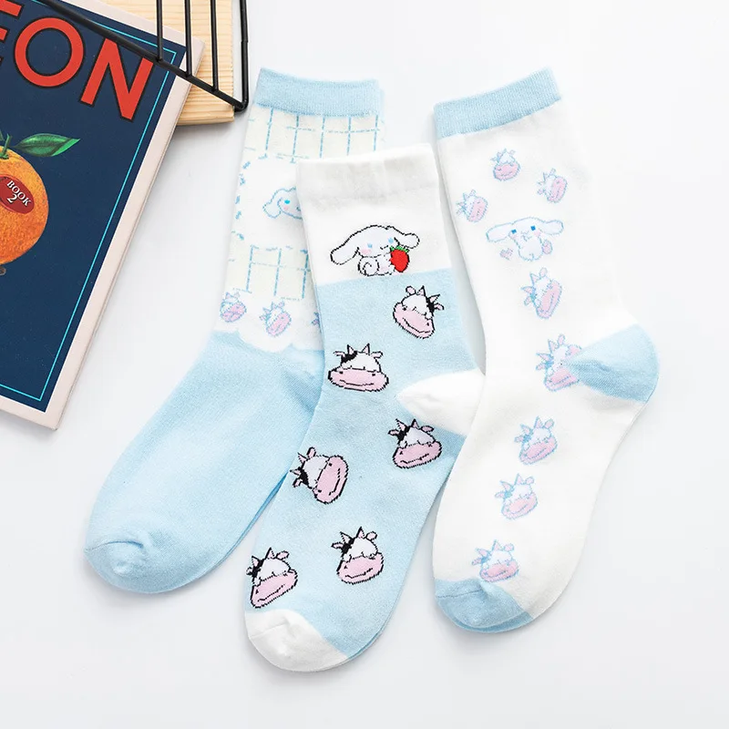 3 пары Kawaii Японские Женские носки хлопок с собакой и молочной коровой забавные
