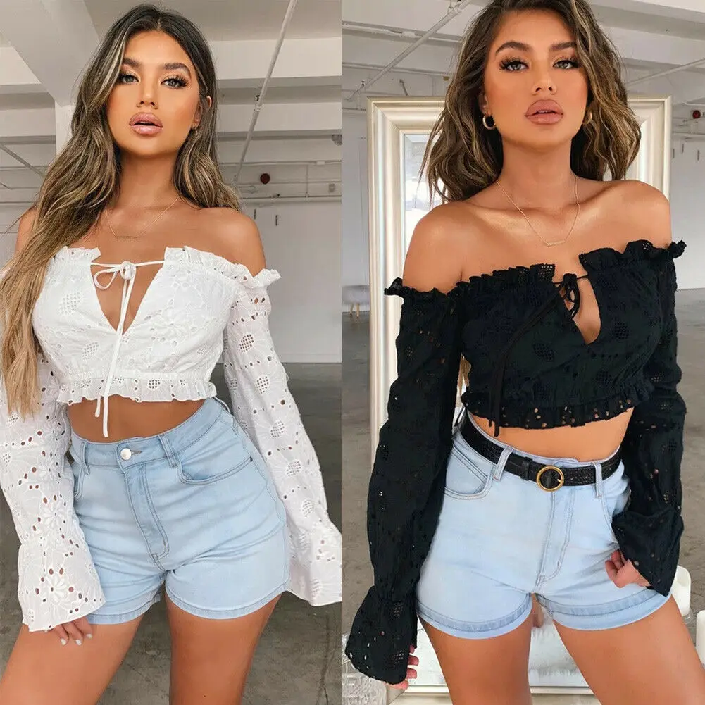 

Women Long Sleeve Crop Tops Off Shoulder V-neck Bandage Ruffle Tops Lady Sexy Hollow Out Clubwear 2021 New Fashion