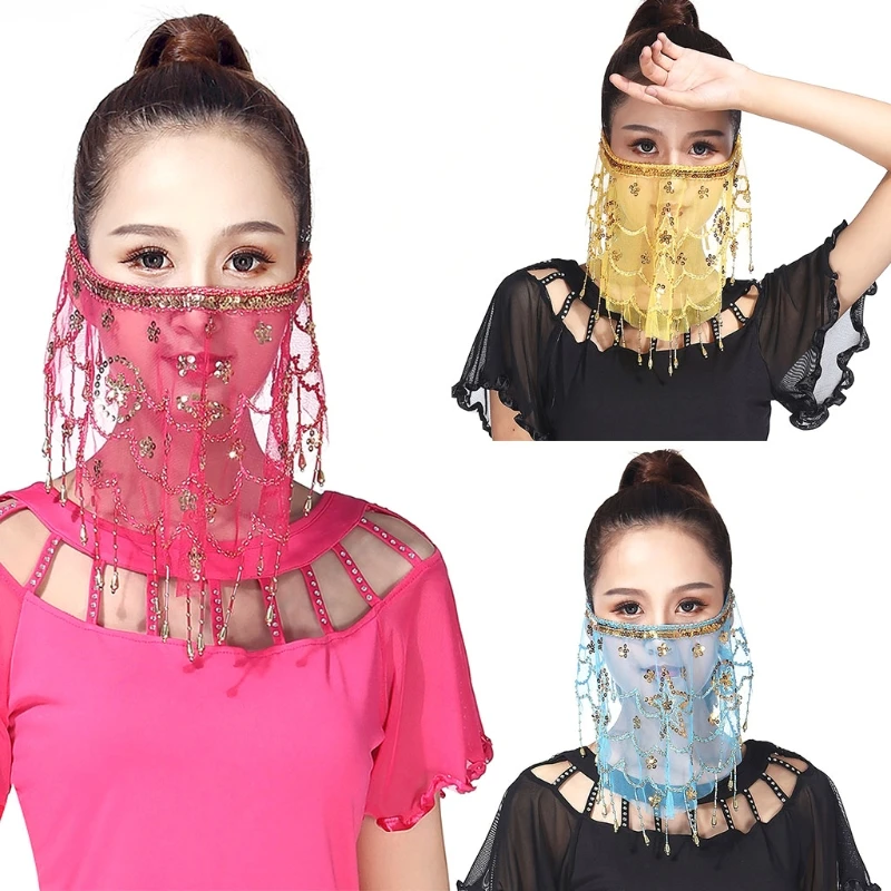 

2021 New Womens Indian Belly Dance Face Veil Sequins Tribal Costume Scarf Carnival Party