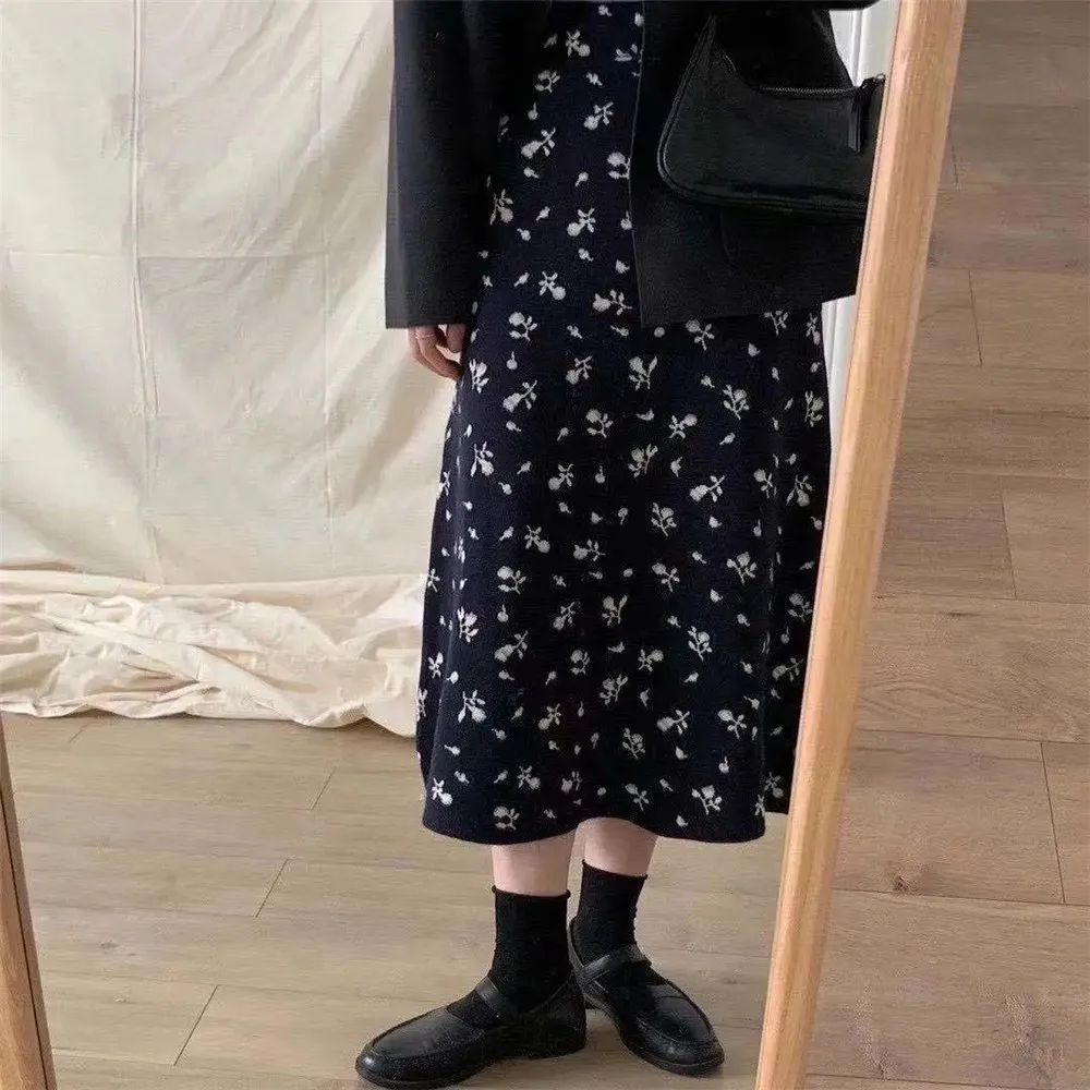 Женская трикотажная Жаккардовая юбка черная плотная двухслойная зимняя теплая