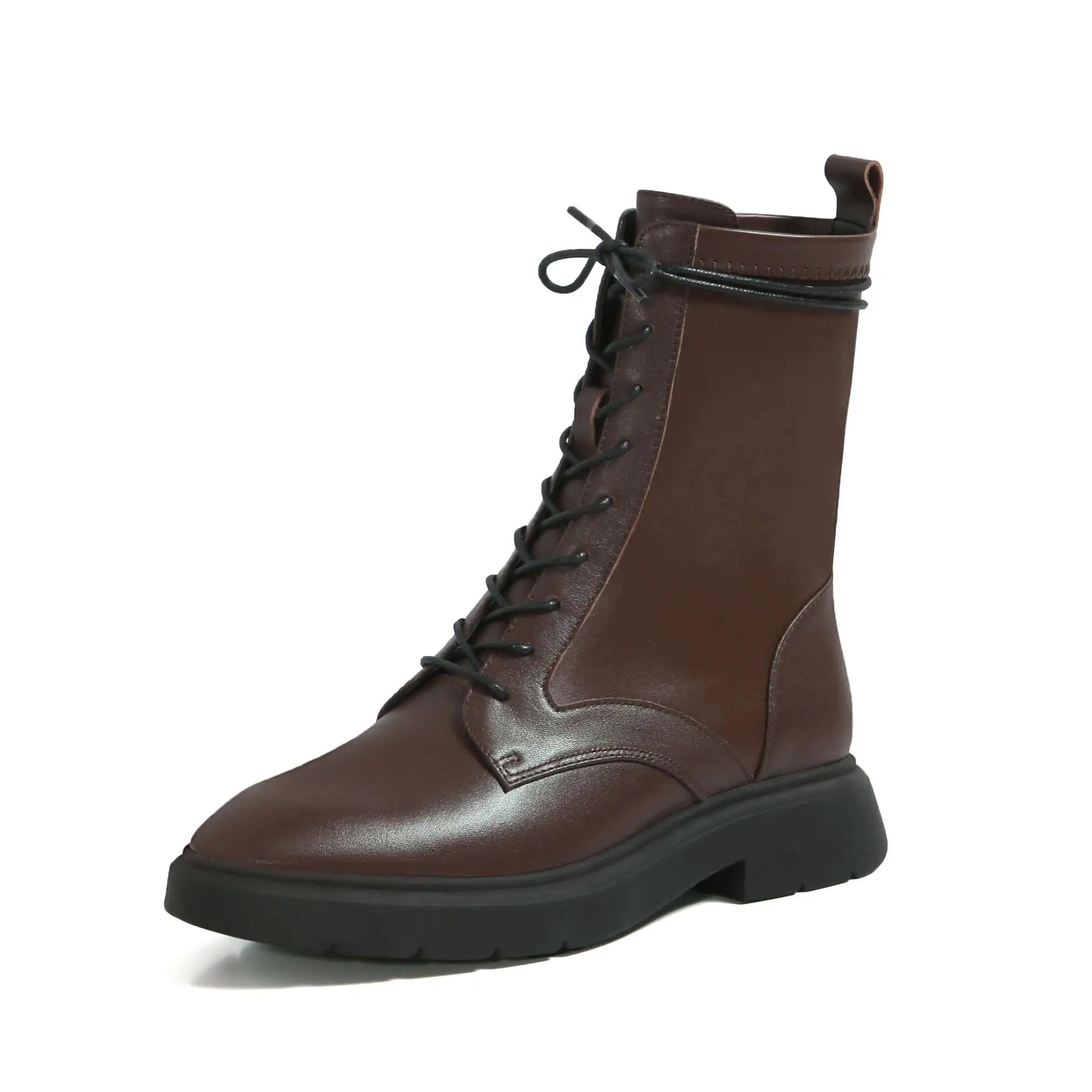 Harga Krazing Pot Baru Sepatu Bot Kulit Alami Cross-tied Ujung Bulat Tebal Tumit Rendah Renda Wanita Kantor Pertengahan Betis Boots L26