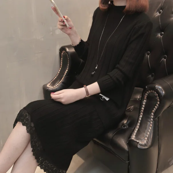 Женское трикотажное платье свитер комплект из двух предметов кружевное