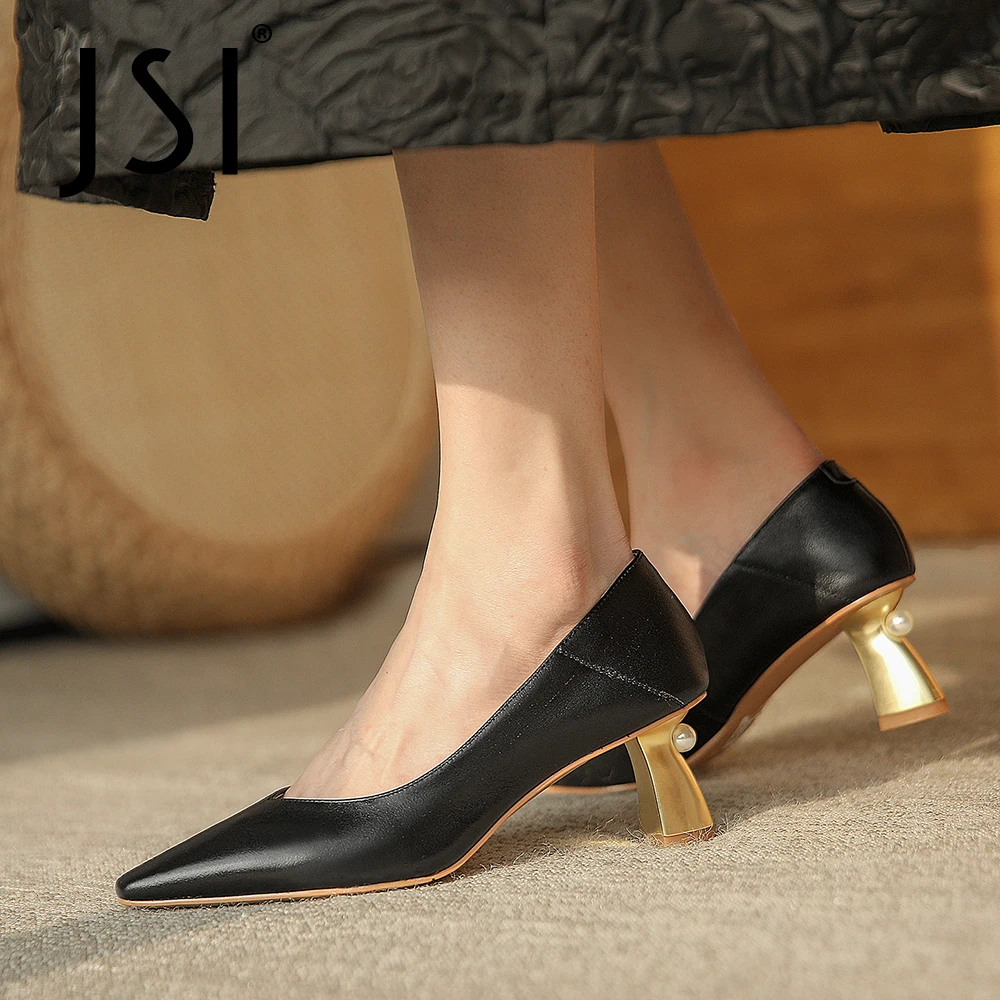 

JSI Genuine Leather Strange Heels Pumps Shoes Concise Style Basic Dress White Spring Autumn Pointed Toe Women Shoes JO920