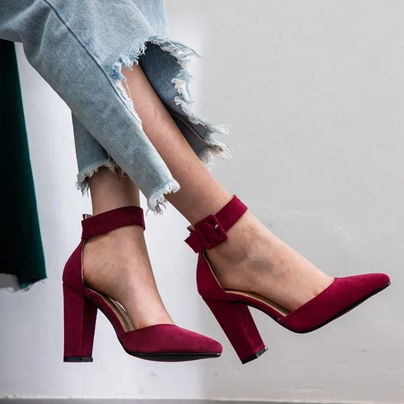 

Elegant Ankle Strap High Heels Women Pumps High Quality Flock Pointed Toe Wedding Shoes Women Buckle Strap Party Shoes Women