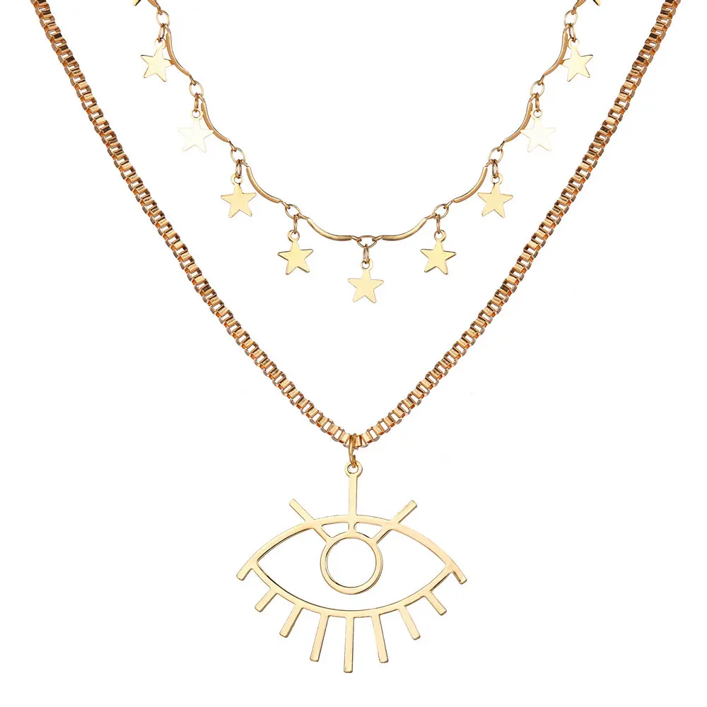

Classic Multilayer Eye Pendant Necklace Women Ladies Gold Color Stars Chain Choker Necklaces Jewelry Christmas Gift