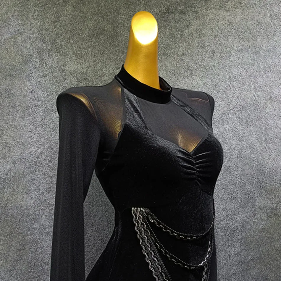 2020 New Long Sleeve Black And Yellow TasselLatin Dance Dress Dancing Performance Women Ballroom Samba Tango LP426 | Тематическая