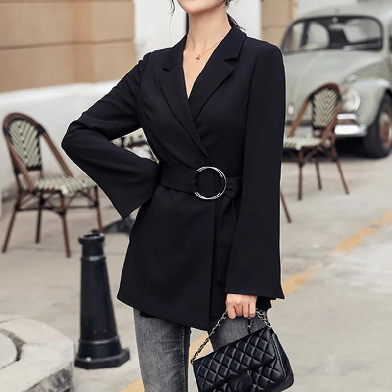 

Новинка 2020, осенне-зимние женские блейзеры Mazefeng, куртки, модные офисные женские черные блейзеры в Корейском стиле с поясом и карманами