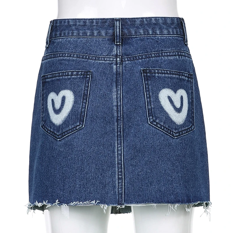 

Rockmore Y2K Heart Print Denim Short Skirts Women Burrs Distressed A-Line Mini Skirts 90S Aesthetic Korean Clothes Summer Blue