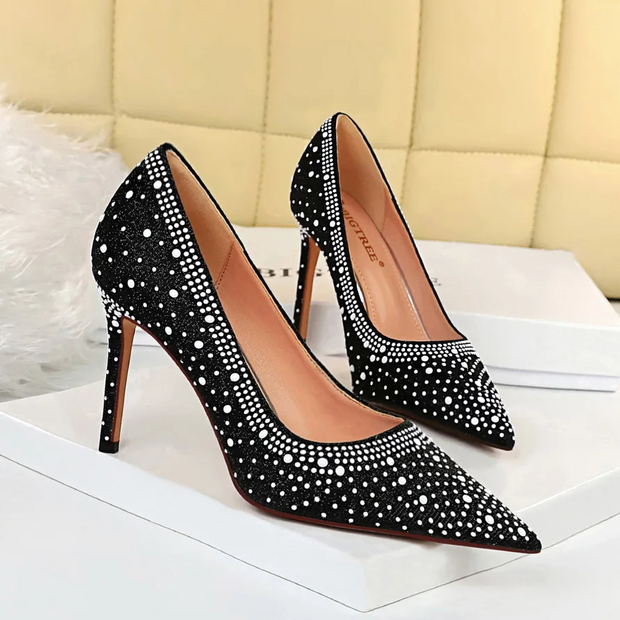 

BIGTREE Elegant Women Crystal 9.5cm Pink High Heels Pumps Female Tacons Black Blue Heels Scarpins Wedding Party Shoes Plus Size