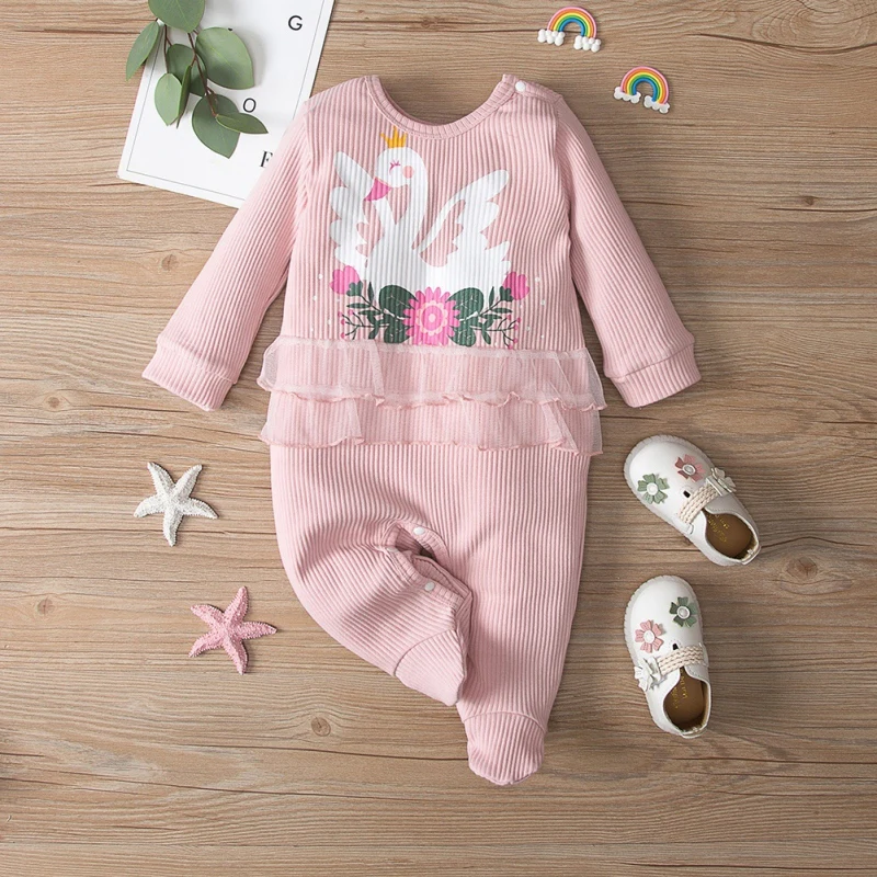 

Newborn Baby Girls Long-sleeved Knitted Romper Cute Lovely One-piece Jumpsuit Wrapped Foot Swan Print Romper Spring Autumn