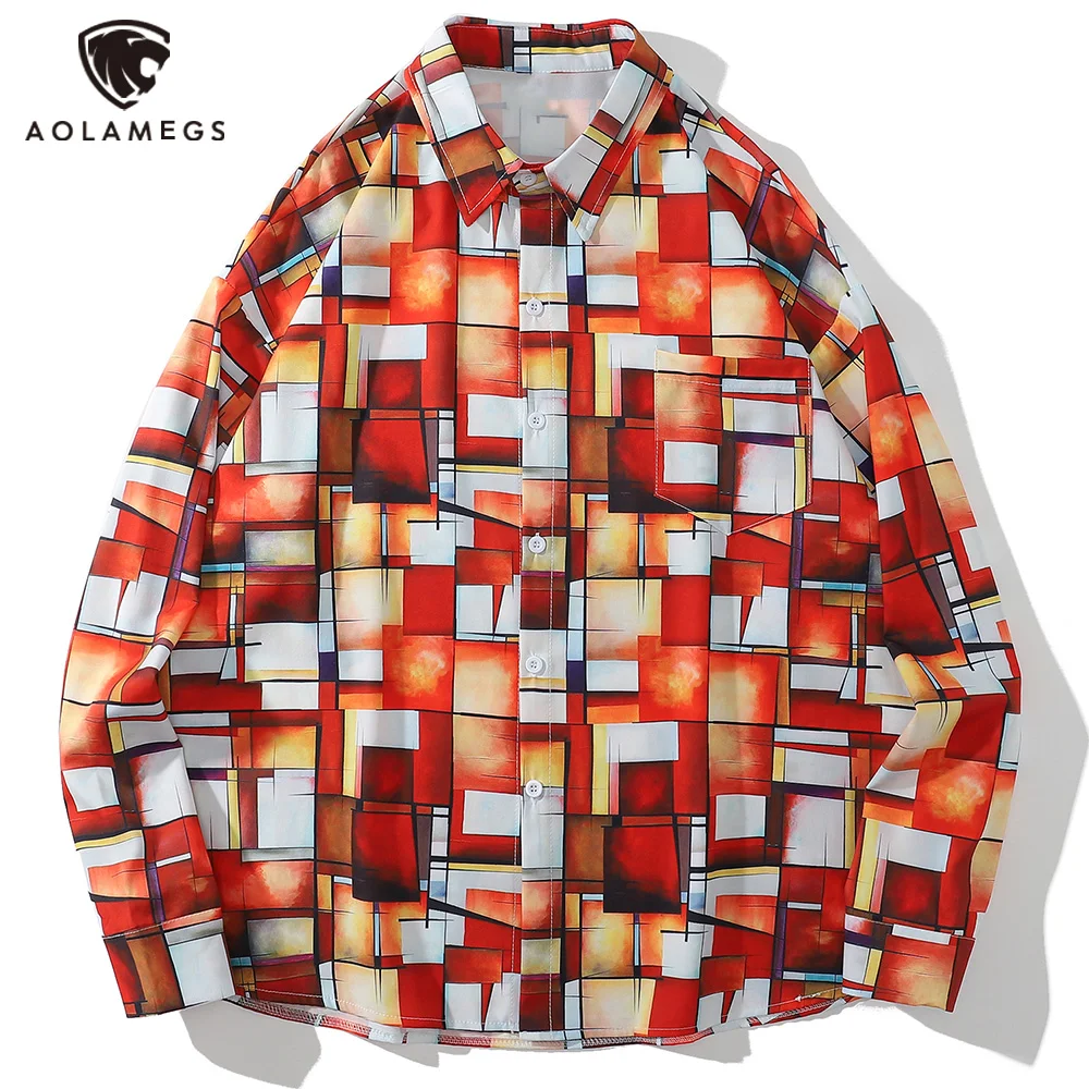 

Aolamegs Men Shirt Hit Color Plaid Print Bermuda Beach Harajuku Cozy Long Sleeve Tops Casual Cool Baggy Shirts Couple Streetwear