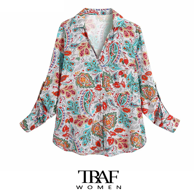 

Блузка женская с карманами и цветочным принтом, на пуговицах