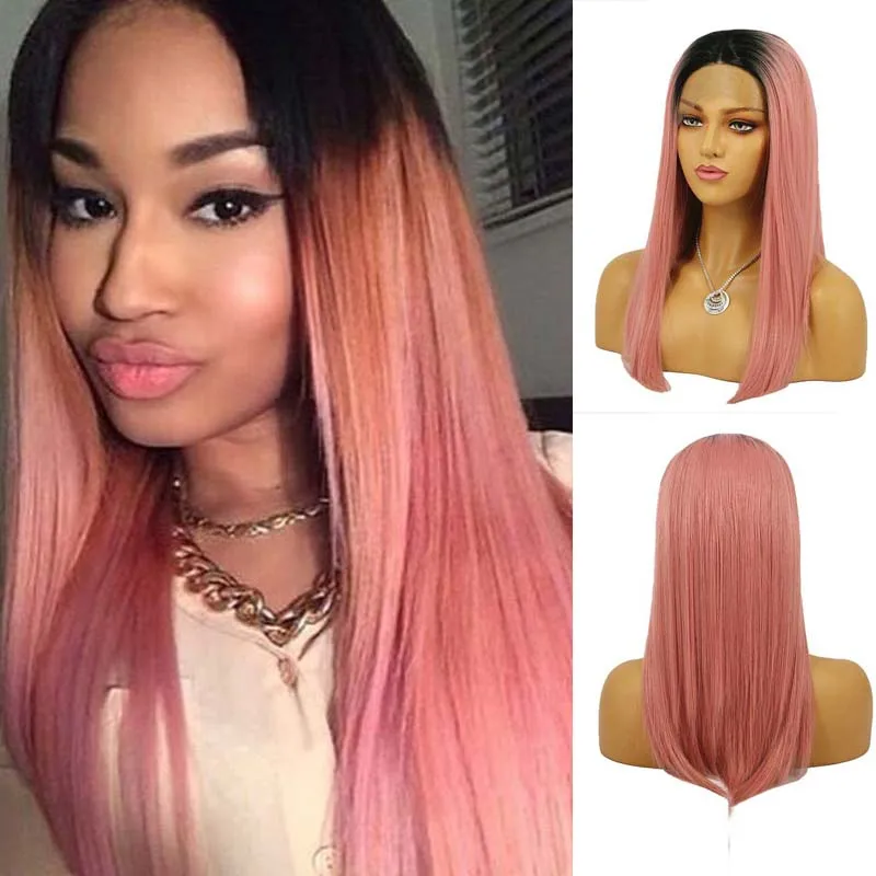 

AIMEYA High Quality Dark Roots Ombre Pink Bob Lace Front Wig for Women Silky Straight Synthetic Lace Wigs High Temperature