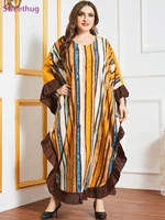 2021 eid kaftan dubai abaya dress for women batwing sleeve loose plus size casual colored striped ruffle arabic muslim clothes