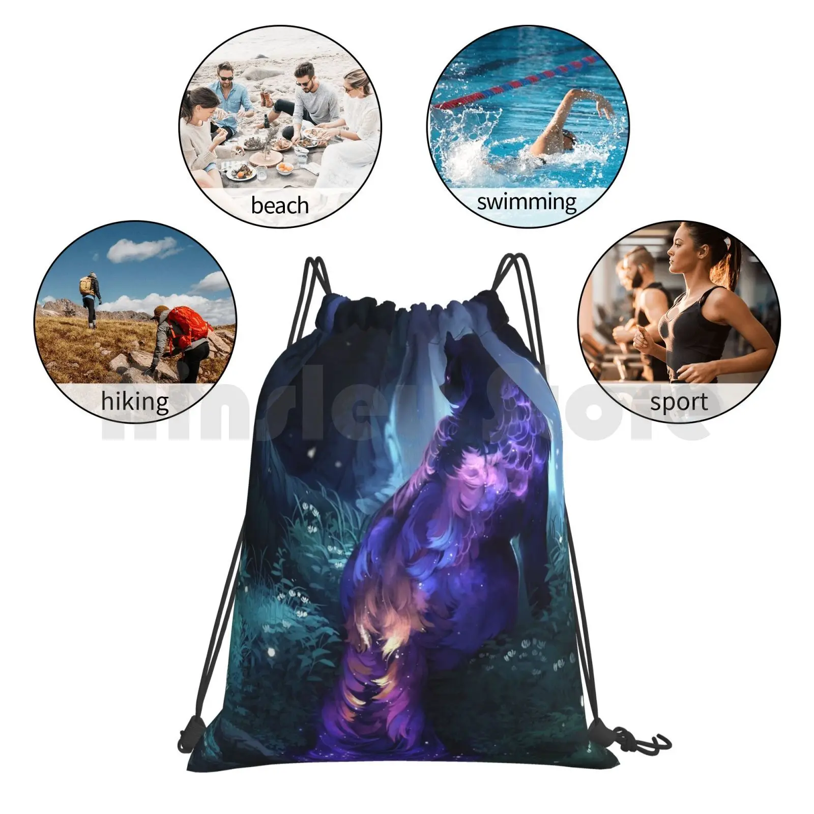 

Luminous Backpack Drawstring Bags Gym Bag Waterproof Wolf Dog Canine Stars River Forest Space Galaxy Animal Fantasy