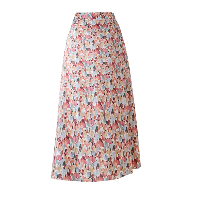 

Fashion High Waist A-line Mid-length Skirts Floral Print Casual Female Long Skirts Holiday Summer Chiffon Elastic Waist Women
