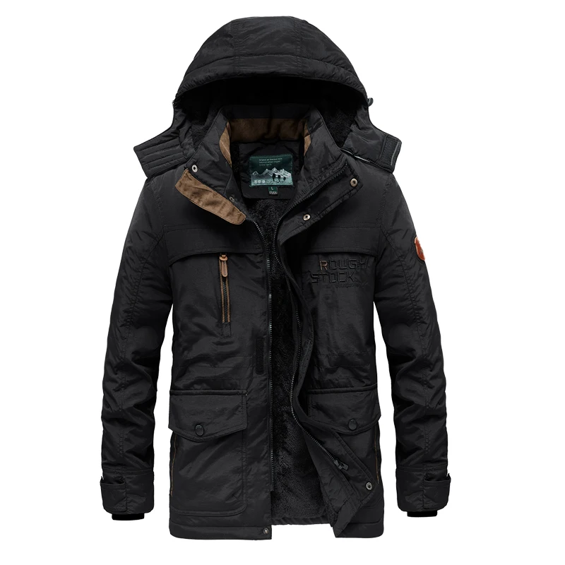 TIEPUS плюс размер 5XL, 6XL зимняя куртка мужская парка Толстая шерстяная подкладка мульти-карман повседневное хлопковое пальто в стиле милитари Мужское пальто с капюшоном - Цвет: black