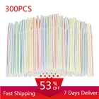 300 шт. гибкие пластиковые соломинки в полоску, разноцветные пластиковые соломинки для напитков, вечерние ничные радужные соломинки, Прямая поставка