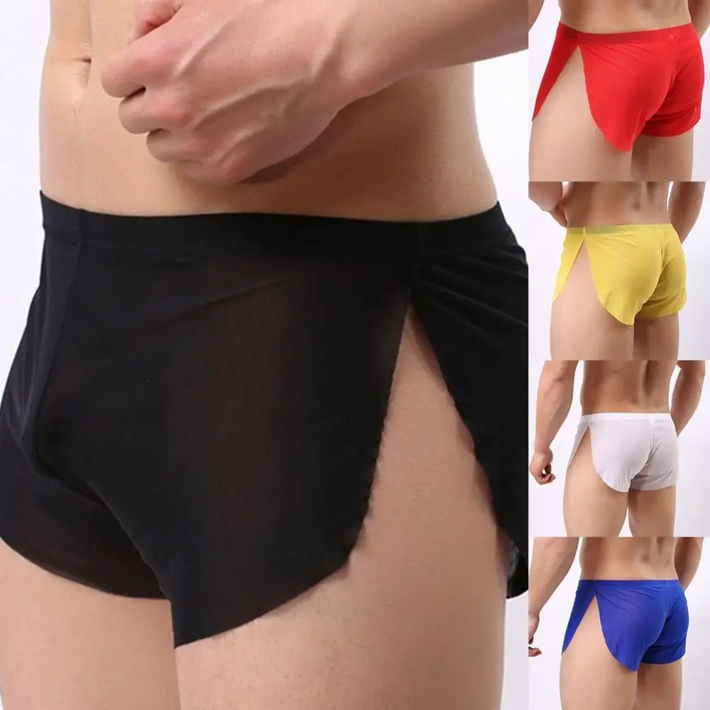 

Solid Color Men Ultra-thin Translucent Low Waist Split Boxers Shorts Underwear