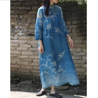 blue dye digital printing pure ramie chinese style improved ramie dress woman dresses womens clothing
