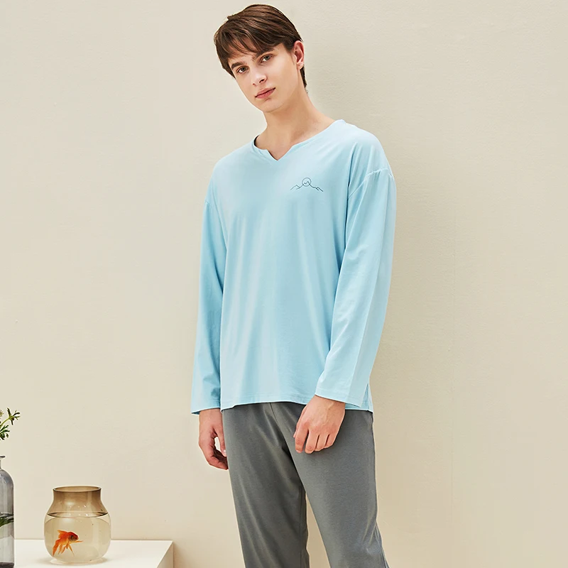 Men's knitted cotton pajamas Spring new arrivals Collarless home service suits