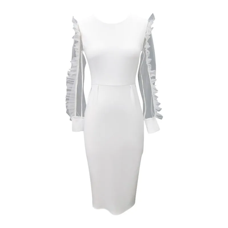 

Women's Elegant Mesh Contrast Bishop Sleeve Bodycon Pencil Dress