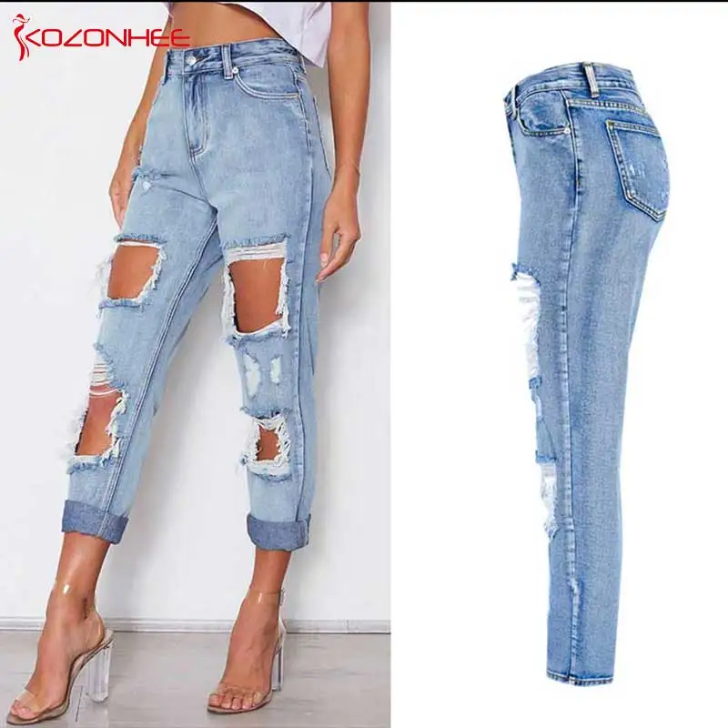 Неэластичные прямые женские джинсы с дырками нестандартные потертые для женщин