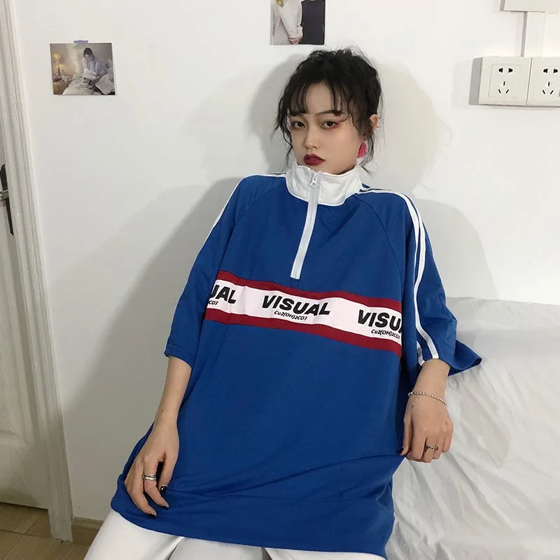 half-sleeve harajuku bf style women tops 2020 new spring t shirt letter printing zipper Turtleneck clothes student polo | Женская одежда