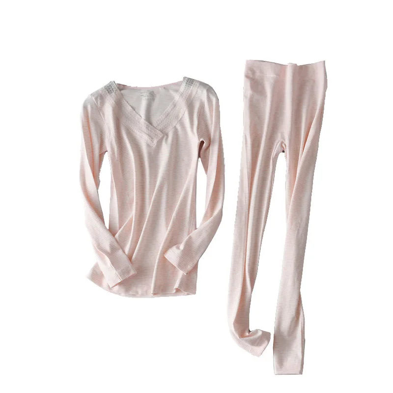 

Autumn and Winter Seamless Thermal Underwear Women's Lace V-neck Soft Skin-friendly Ondergoed Autumn Clothes Long Pants Suit New