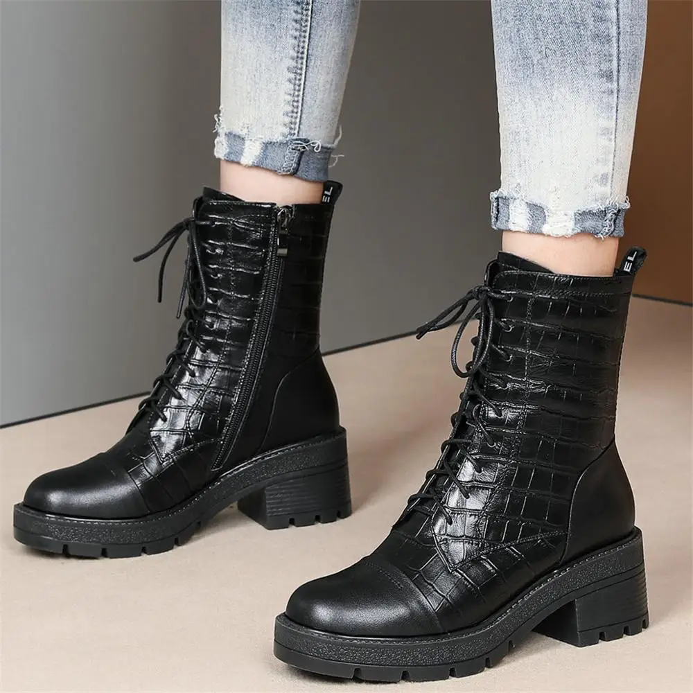 

Women Lace Up Cow Leather Chunky High Heels Winter Motorcycle Boots Female High Top Round Toe Platform Pumps Shoes Casual Shoes