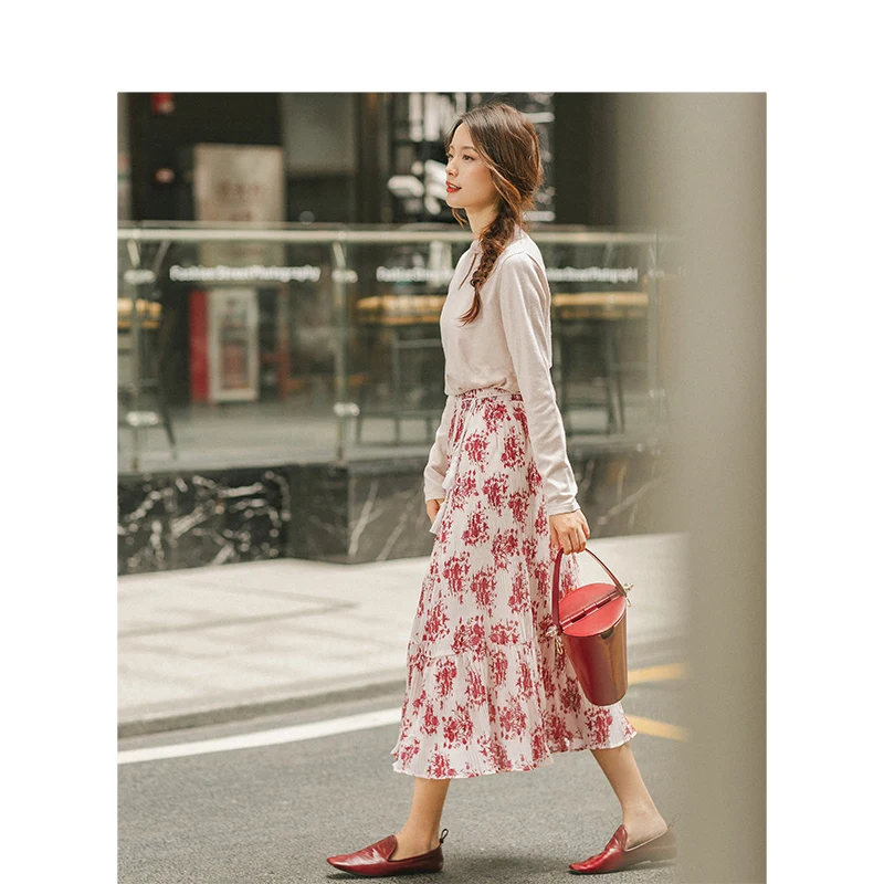 INMAN 2019 Autumn New Arrival Elastic Waist Floral Literary Young Girl Romantic Slim Chiffon Women Skirt | Женская одежда