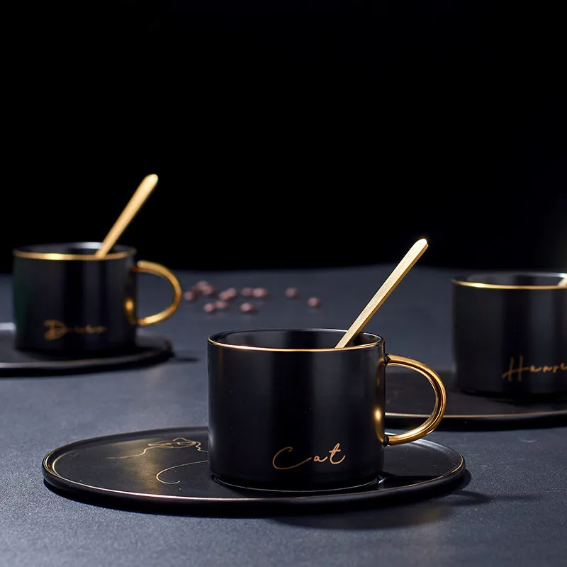 Европейская керамическая черная глазурованная кофейная чашка с блюдцем и ложкой