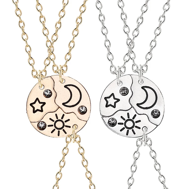 

3-piece Set Sun Moon Star Hanger Necklace Chain Best Friend Bff Friendship Couple Choker Fashion Jewelry