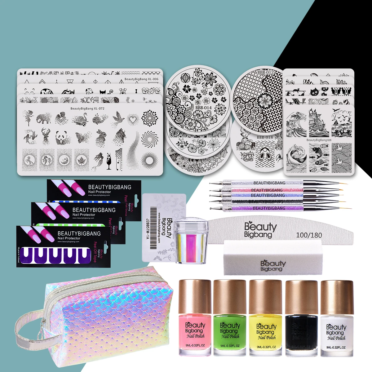 Beautybigbang 33 шт. набор для дизайна ногтей штамповочные пластины Штамп для ногтей лак для ногтей точечная ручка наклейки для ногтей файл блок сумка для начинающих дизайн ногтей